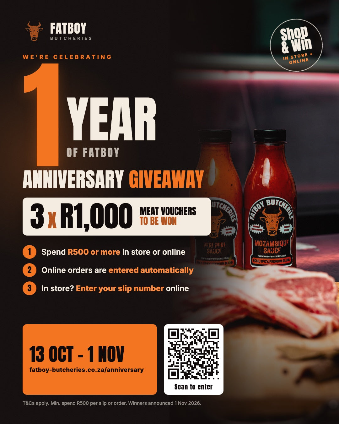 Fatboy 1 Year Anniversary Giveaway: spend R500 or more in store or online and win one of three R1,000 meat vouchers